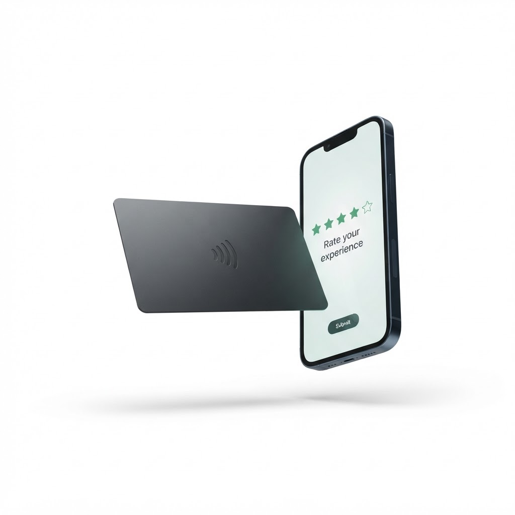 3D render of an NFC card and a phone leaning against it, showing a glowing 5-star rating prompt
